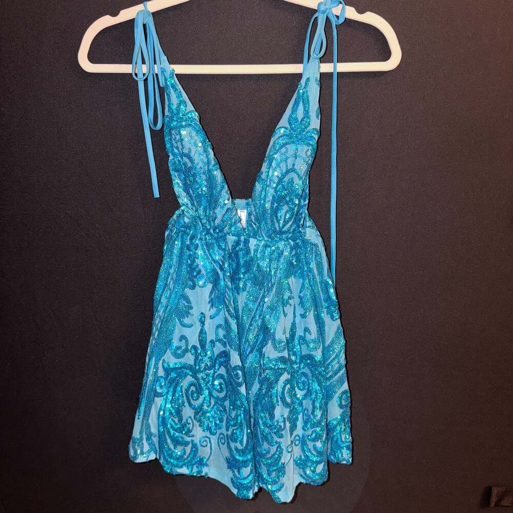 Lucy In The Sky Sequin Mini RomberAqua Blue Halter Backless